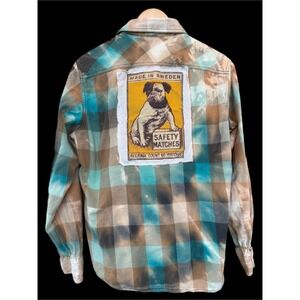 Vintage Matchbook Bulldog Flannel Bleached Plaid Folk Art Shirt M American Eagle
